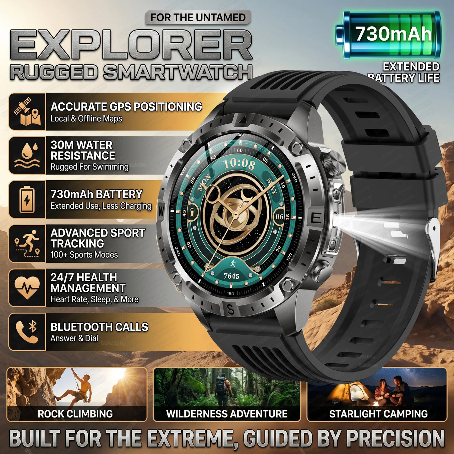 GUHUAVMI GPS Outdoor Smart Watch 1.43 AMOLED Fitness Tracker with Offline Maps Local Music Compass Altimeter Barometer Heart Rate 3ATM BT