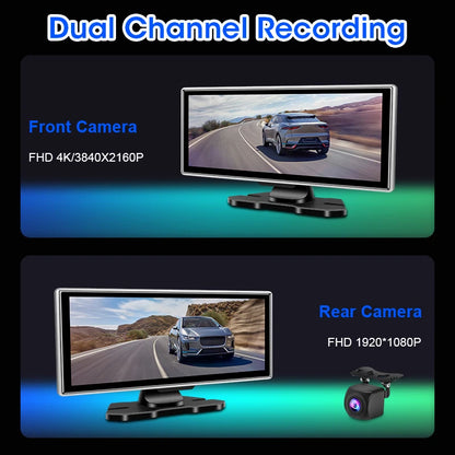 Dash Cam 4K Car DVR Wireless Carplay & Android Auto GPS Navigation Video Recorder 