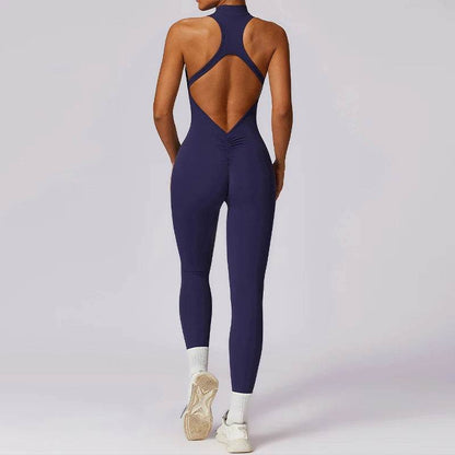 V Back One-piece Suit Women Sports Jumpsuit Zippers Yoga Rompers Backless Sportswear Women Sleeveles Workout Bodysuits Female - Zara-Craft
