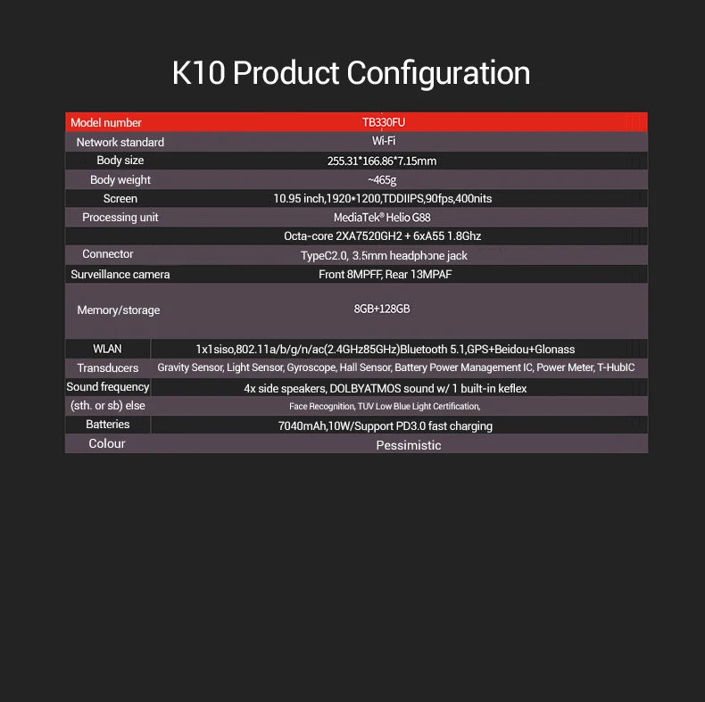 Lenovo Global Rom Tablet K10 M11 WIFI/LTE MTK Helio G88 Multi Language 10.95-inch