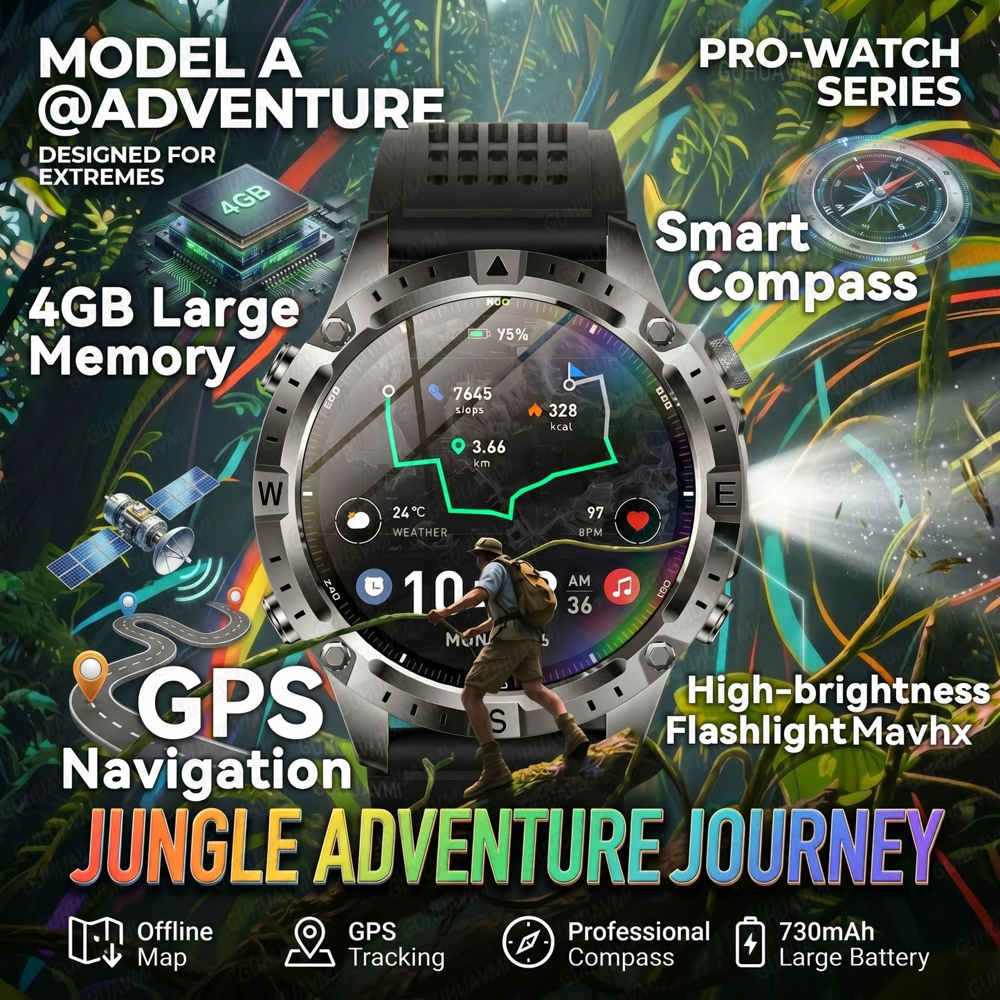 GUHUAVMI GPS Outdoor Smart Watch 1.43 AMOLED Fitness Tracker with Offline Maps Local Music Compass Altimeter Barometer Heart Rate 3ATM BT
