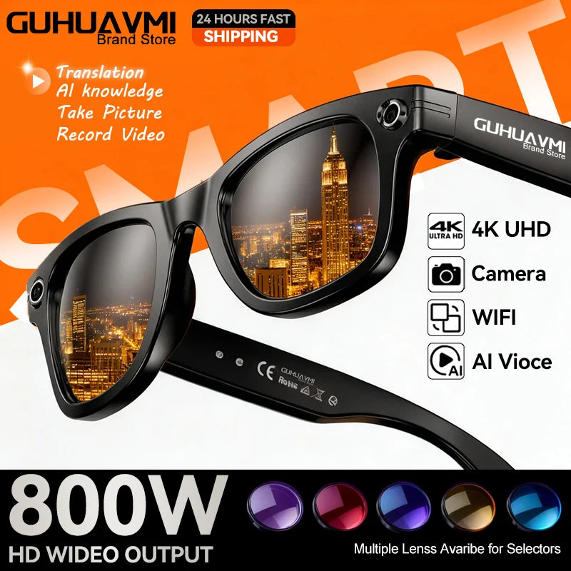 GUHUAVMI AI Smart Glasses 800W Anti Shake HD Camera Video Recording Languages Translation Sunglasses Bluetooth Call Music Play