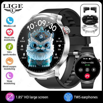 LIGE New TWS 2-In-1 Headset Smart Watch 1.85" Bluetooth Call Men Earphone Smartwatch Heart Rate Health Monitor Music