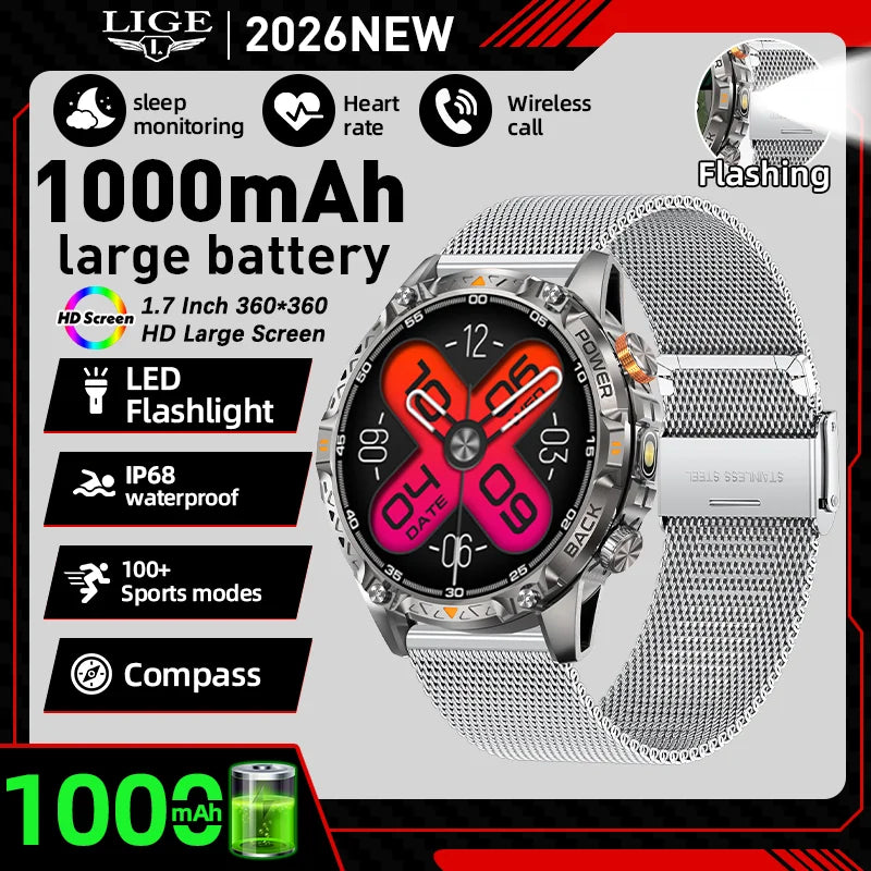 LIGE New Military T-Rex 3 Ultra Smart Watch 1000mAh Battery IP68 Waterproof Compass Flashlight Sports Tracker Smartwatch