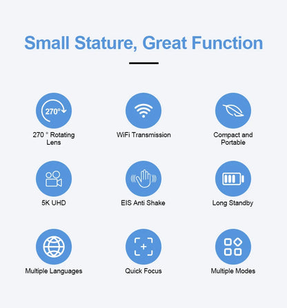 AEVYVKV 5K Ultra HD Pocket Action Camera 270° Rotatable Vlog WIFI Sports Camera ELS Anti-Shake Bicycle Outdoor Sports Camera Recorder