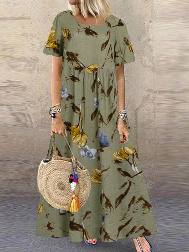 ZANZEA Summer Maxi Dress Women's Vintage Printed Sundress Casual Loose Short Sleeve Vestidos Vacation High Waist Robe Femme - Zara-Craft