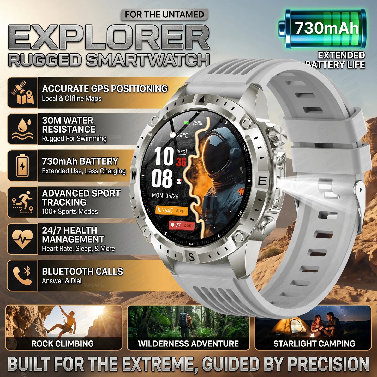 GUHUAVMI GPS Outdoor Smart Watch 1.43 AMOLED Fitness Tracker with Offline Maps Local Music Compass Altimeter Barometer Heart Rate 3ATM BT