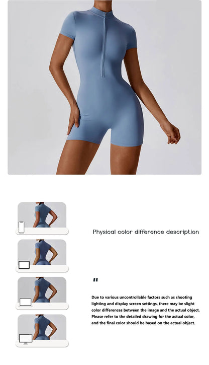 SWELTERING Summer Zipper Jumpsuits Short Sleeve Yoga Bodysuit Women's Set Gym Tracksuit Push-up Workout Clothes Dance Fitness Bodysuit