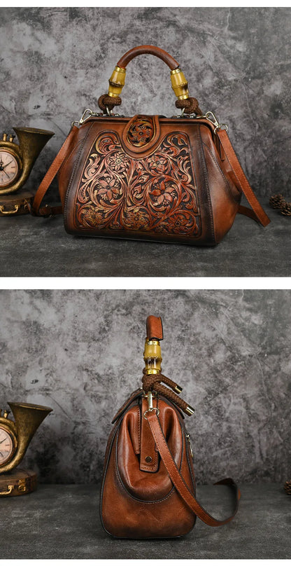 Luxury Handmade Women Shoulder Handbag Vintage Carved Leather