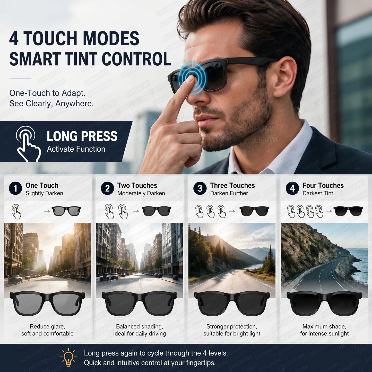 New Touch Color Change Smart Glasses AI Translation Voice Wake-Up Dual Mic Noise Reduction Bluetooth Music IP65 Waterproof