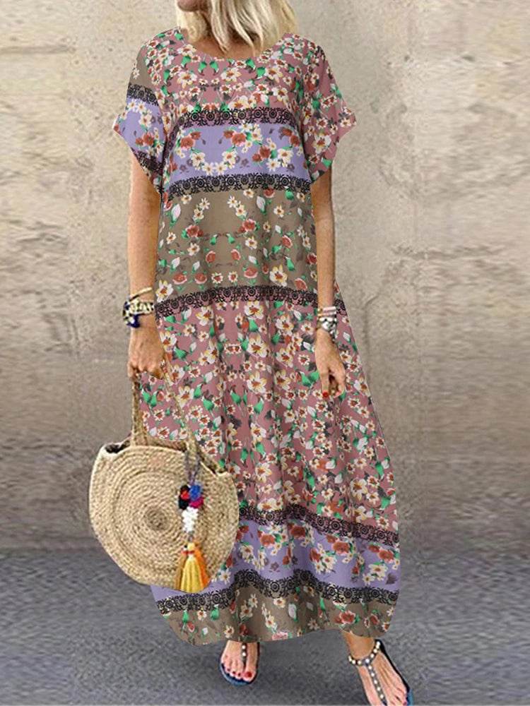 ZANZEA Summer Maxi Dress Women's Vintage Printed Sundress Casual Loose Short Sleeve Vestidos Vacation High Waist Robe Femme - Zara-Craft