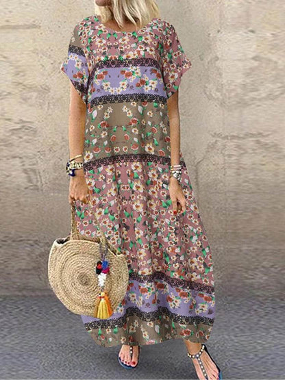 ZANZEA Summer Maxi Dress Women's Vintage Printed Sundress Casual Loose Short Sleeve Vestidos Vacation High Waist Robe Femme - Zara-Craft