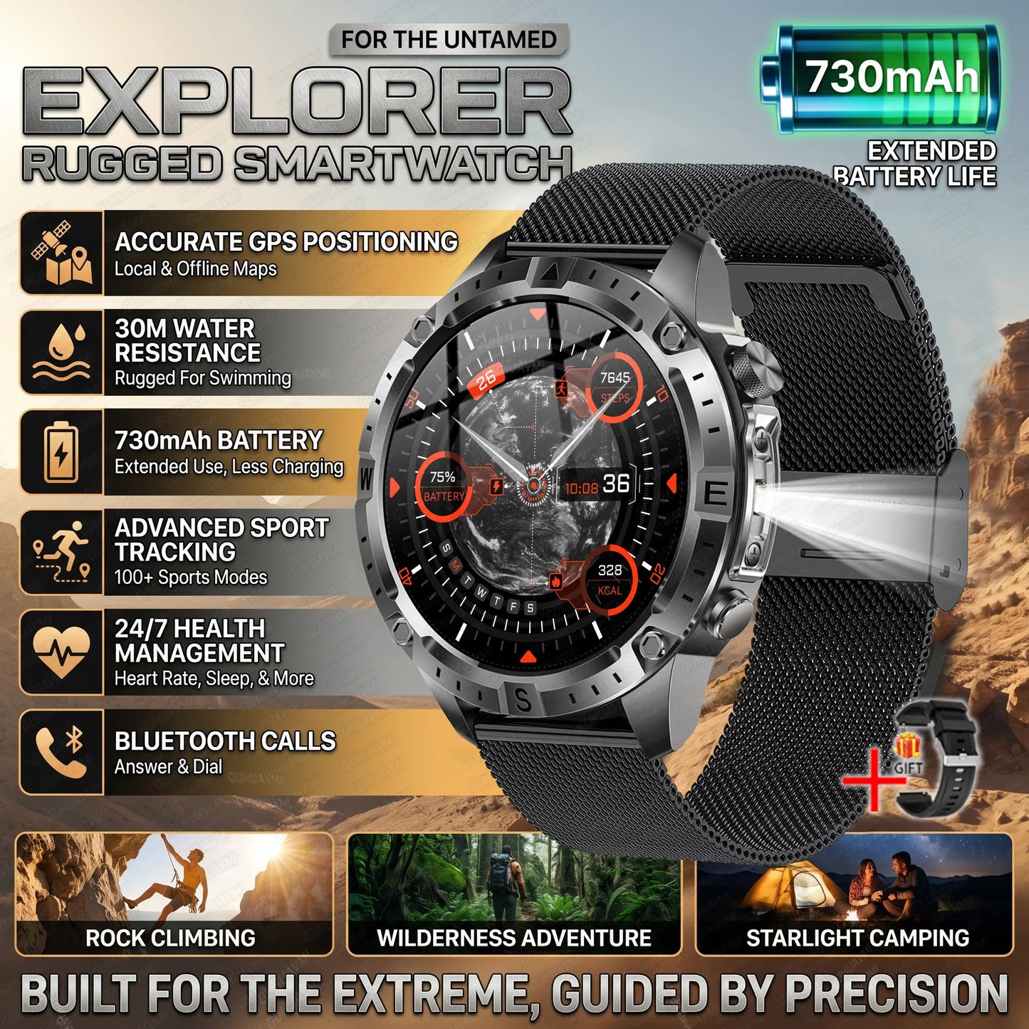 GUHUAVMI GPS Outdoor Smart Watch 1.43 AMOLED Fitness Tracker with Offline Maps Local Music Compass Altimeter Barometer Heart Rate 3ATM BT