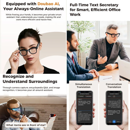 Promotional image of a smart assistant device with text and images of people using it.