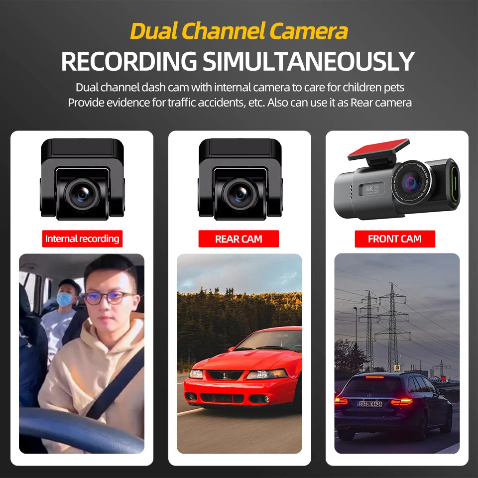 Car dashboard camera with dual channel recording capabilities, showing internal, rear, and front views.