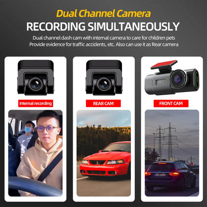 Car dashboard camera with dual channel recording capabilities, showing internal, rear, and front views.