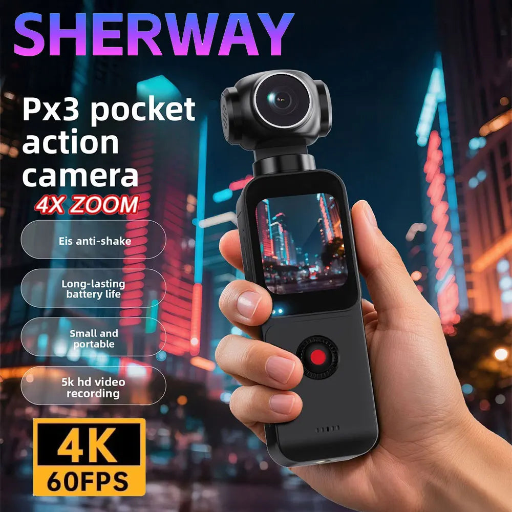 Pocket action camera with features highlighted against 