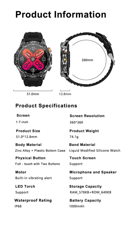 LIGE New Military T-Rex 3 Ultra Smart Watch 1000mAh Battery IP68 Waterproof Compass Flashlight Sports Tracker Smartwatch