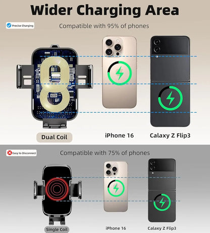 15W Car Phone Holder Wireless Car Charger Dual Coil Dash Vent Windshield Auto Clamping Charging Phone Holder