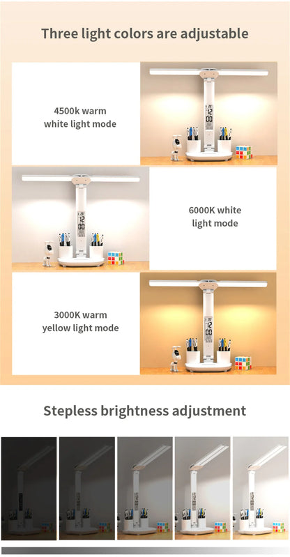 LED Desk Lamp USB Dimmable Touch Foldable Table Lamp with Calendar Temperature Clock Night Light for Study Reading Lamp