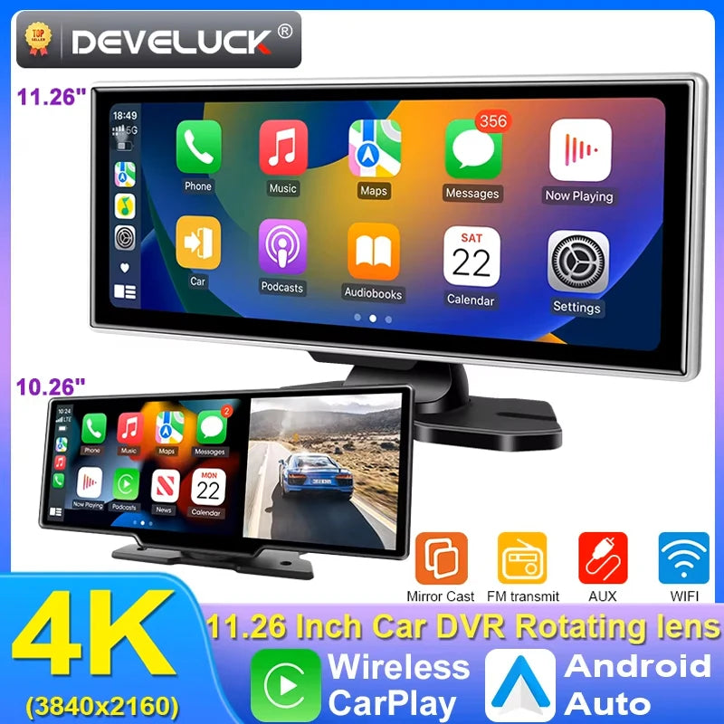 Dash Cam 4K Car DVR Wireless Carplay & Android Auto GPS Navigation Video Recorder 