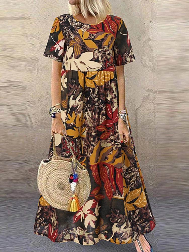 ZANZEA Summer Maxi Dress Women's Vintage Printed Sundress Casual Loose Short Sleeve Vestidos Vacation High Waist Robe Femme - Zara-Craft
