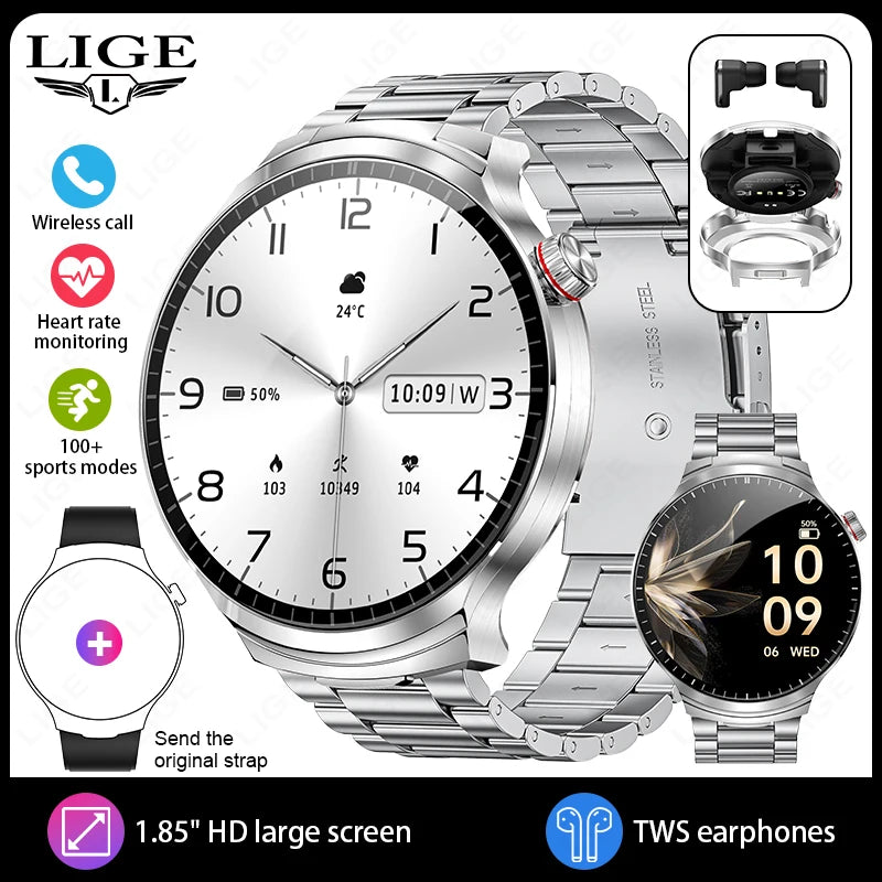 LIGE New TWS 2-In-1 Headset Smart Watch 1.85" Bluetooth Call Men Earphone Smartwatch Heart Rate Health Monitor Music