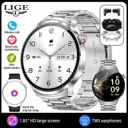 LIGE New TWS 2-In-1 Headset Smart Watch 1.85" Bluetooth Call Men Earphone Smartwatch Heart Rate Health Monitor Music