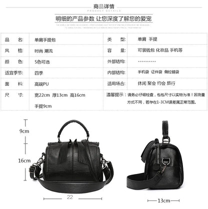 Black handbag with measurements and product details on a white background
