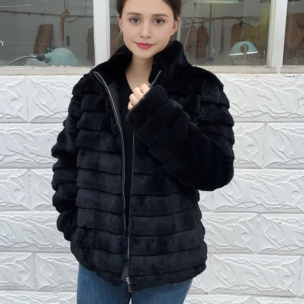 Fancy Rani Natural Rex Rabbit Fur Coat Women Winter Jacket