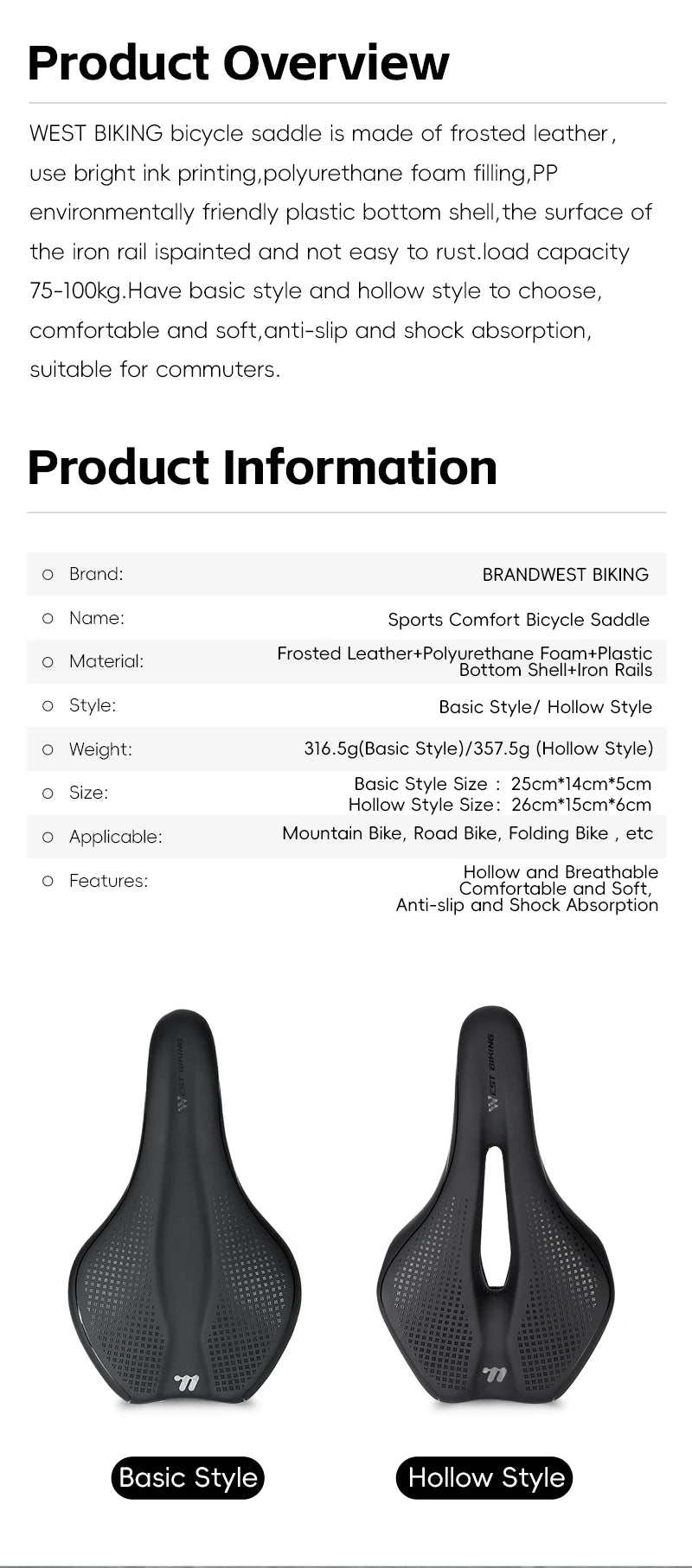 WEST BIKING Bicycle Saddle Comfortable Bike Seat Wear-resistant PU Leather Hollow Road Bicycle Parts Cycling Saddle Bike Cushion