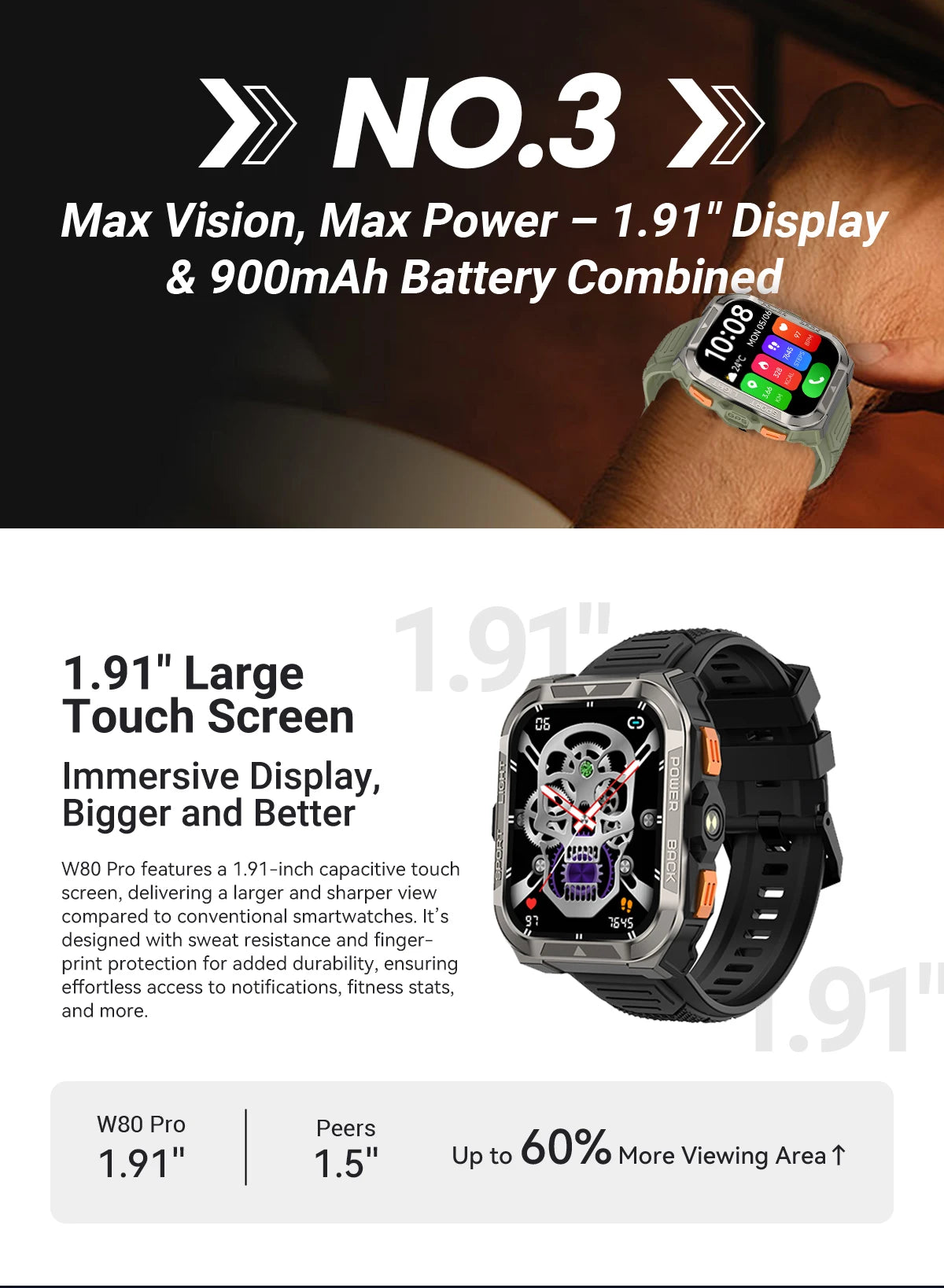 Smartwatch with a large touch screen and detailed specifications 