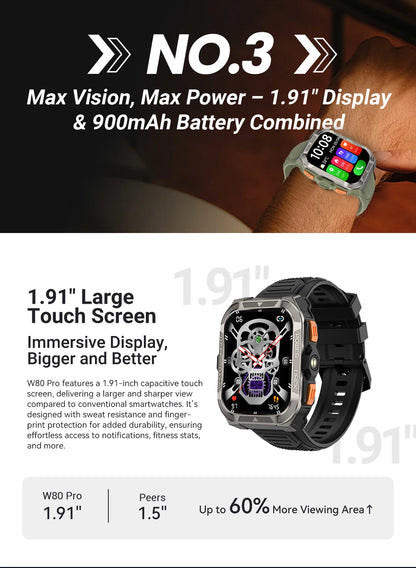 Smartwatch with a large touch screen and detailed specifications 