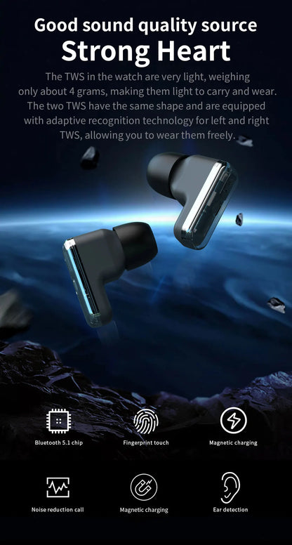 LIGE New TWS 2-In-1 Headset Smart Watch 1.85" Bluetooth Call Men Earphone Smartwatch Heart Rate Health Monitor Music
