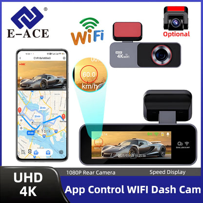 E-ACE Portable Ultra HD 4K Car Front Dash Cam WIFI DVR Optional 1080P Rear camera With 24H Parking Monitor Night Vision