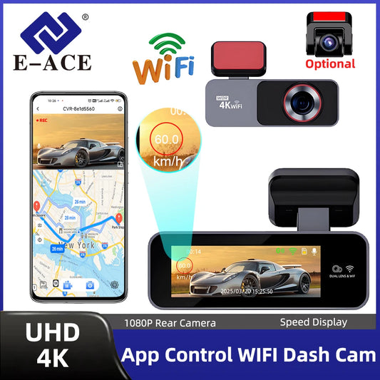 E-ACE Portable Ultra HD 4K Car Front Dash Cam WIFI DVR Optional 1080P Rear camera With 24H Parking Monitor Night Vision