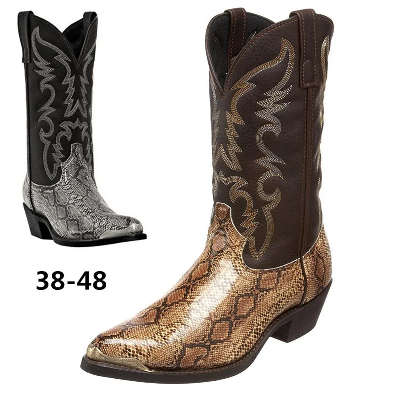 Snake Pattern Cowboy Men Handmade Mid-calf Boots Retro Pointed-top Western Boots