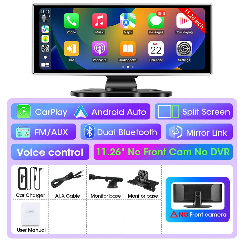 11.26 inch Dash Cam 4K Car DVR Wireless CarPlay & Android Auto GPS Navigation Video Recorder Dashboard Dual Lens WIFI FM AUX