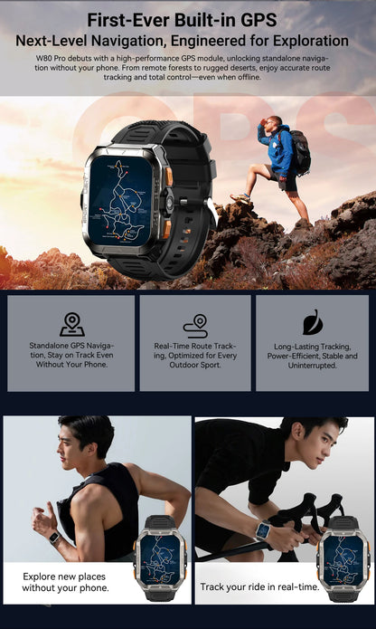 Smartwatch with GPS features, displayed with outdoor activities and text highlighting its capabilities.