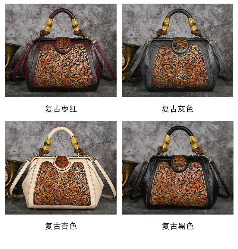 Luxury Handmade Women Shoulder Handbag Vintage Carved Leather