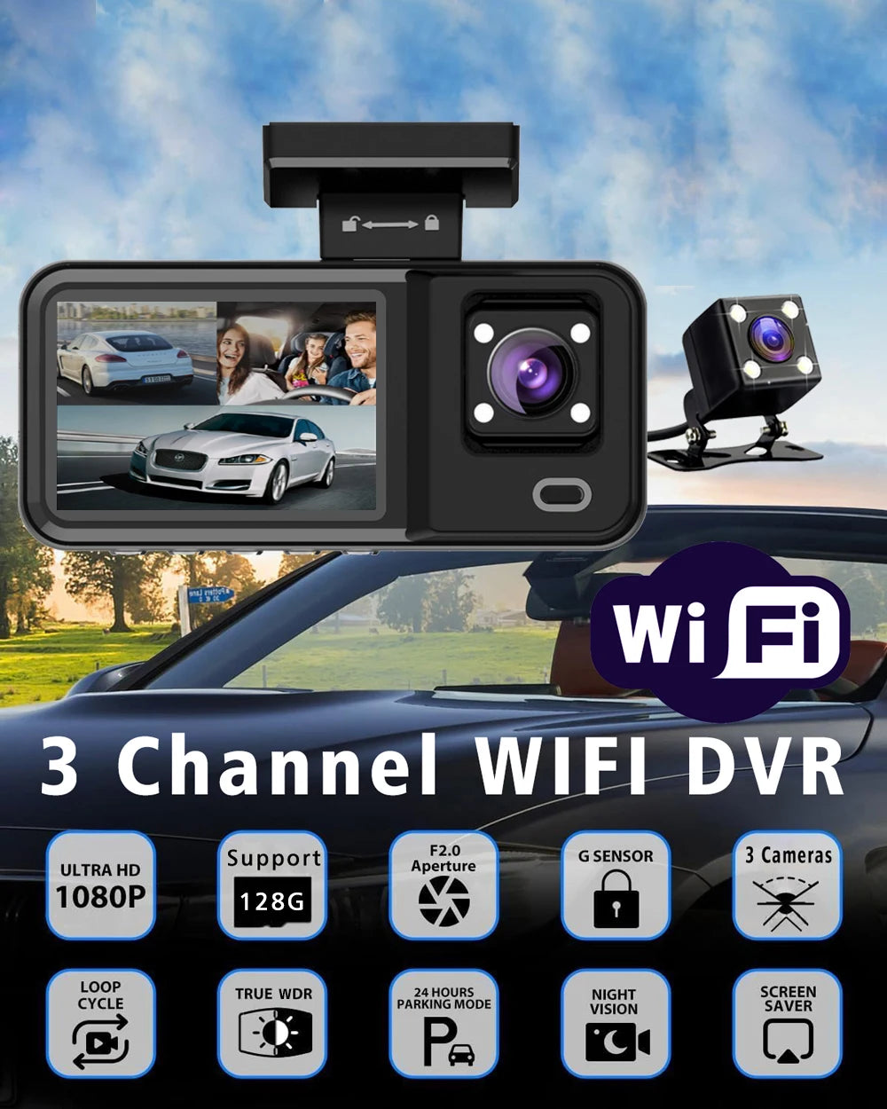WIFI Car DVR HD 1080P Cabin Vehicle Dash Cam Three Way Camera DVRs Recorder Video