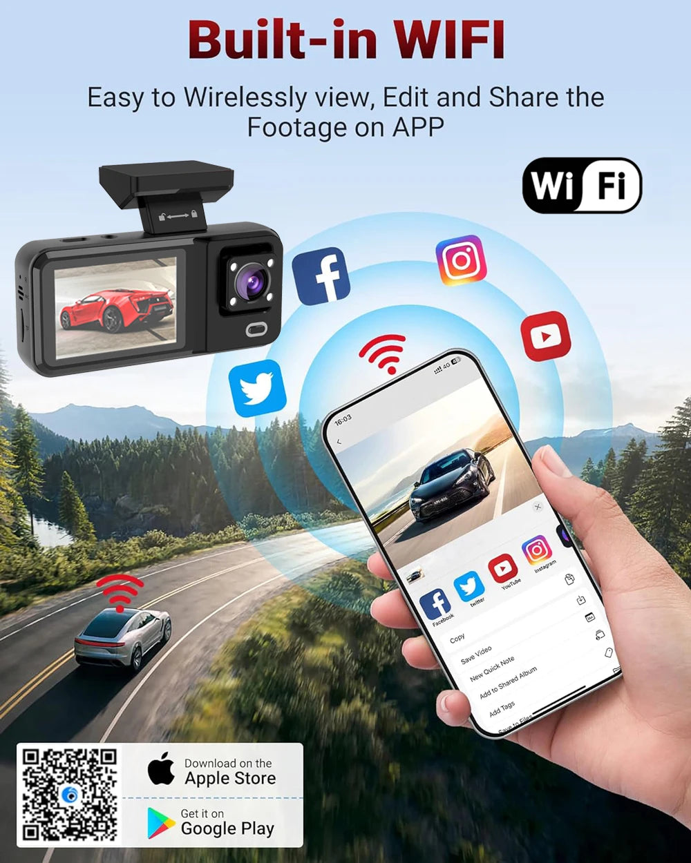 WIFI Car DVR HD 1080P Cabin Vehicle Dash Cam Three Way Camera DVRs Recorder Video