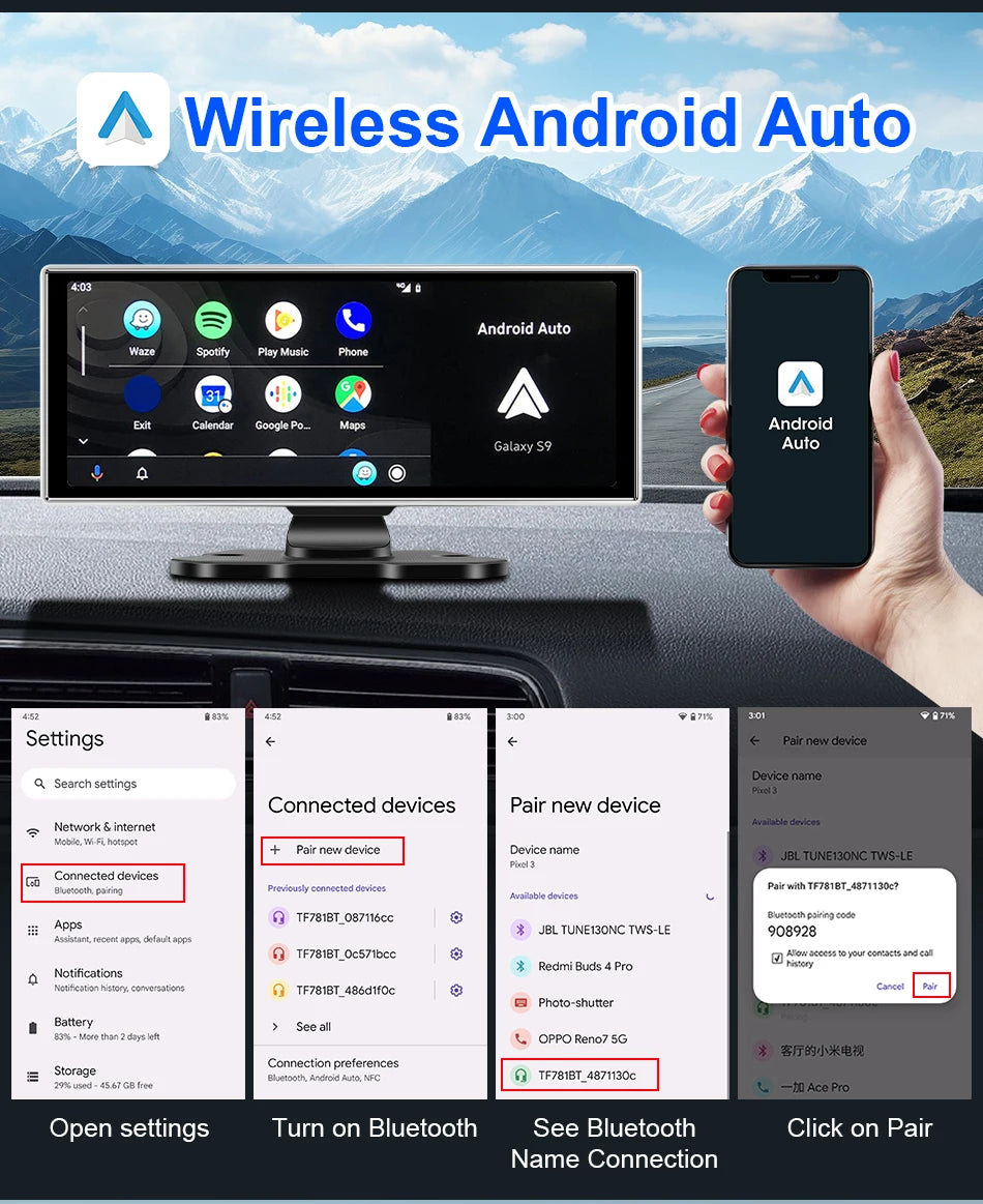Dash Cam 4K Car DVR Wireless CarPlay & Android Auto GPS Navigation Video Recorder 