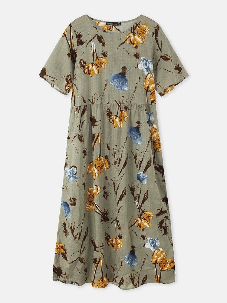 ZANZEA Summer Maxi Dress Women's Vintage Printed Sundress Casual Loose Short Sleeve Vestidos Vacation High Waist Robe - Zara-Craft