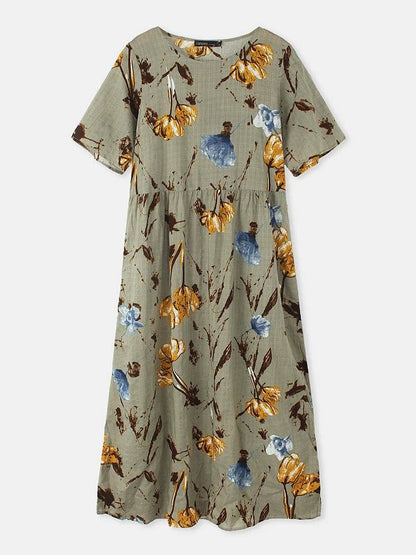 ZANZEA Summer Maxi Dress Women's Vintage Printed Sundress Casual Loose Short Sleeve Vestidos Vacation High Waist Robe Femme - Zara-Craft