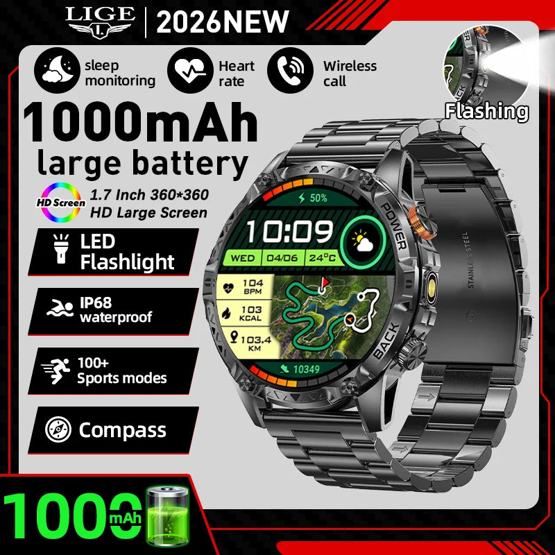 LIGE New Military T-Rex 3 Ultra Smart Watch 1000mAh Battery IP68 Waterproof Compass Flashlight Sports Tracker Smartwatch