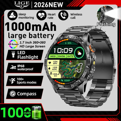 LIGE New Military T-Rex 3 Ultra Smart Watch 1000mAh Battery IP68 Waterproof Compass Flashlight Sports Tracker Smartwatch