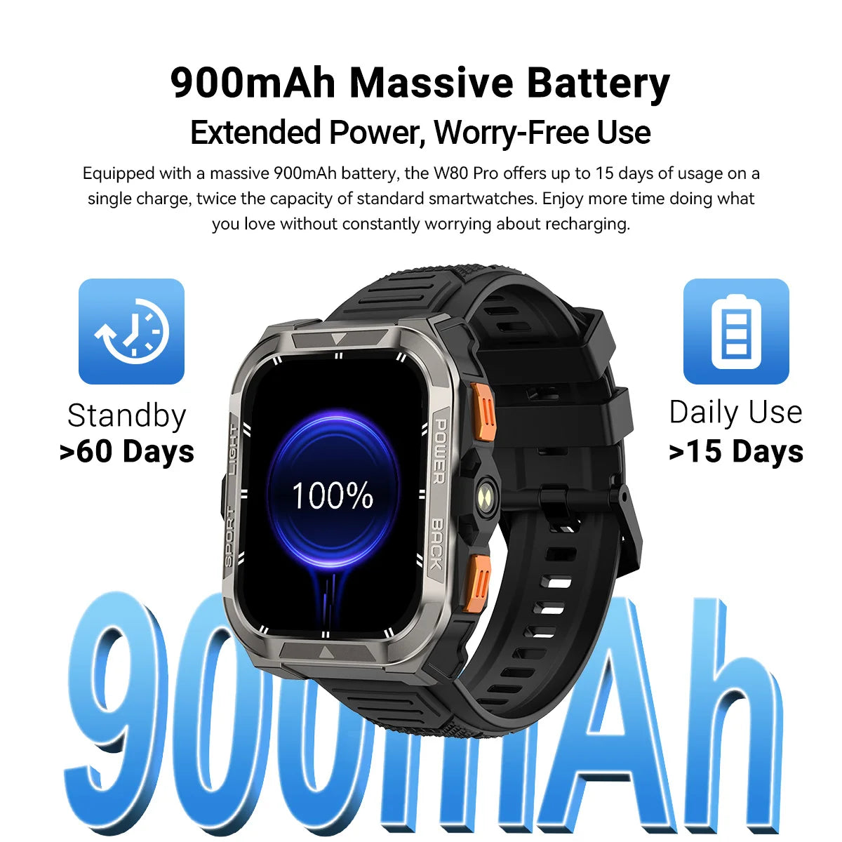 Smartwatch with 900mAh battery, display, and text about extended power usage 