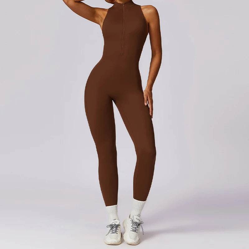 V Back One-piece Suit Women Sports Jumpsuit Zippers Yoga Rompers Backless Sportswear Women Sleeveles Workout Bodysuits Female - Zara-Craft