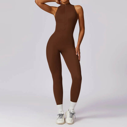 V Back One-piece Suit Women Sports Jumpsuit Zippers Yoga Rompers Backless Sportswear Women Sleeveles Workout Bodysuits Female - Zara-Craft